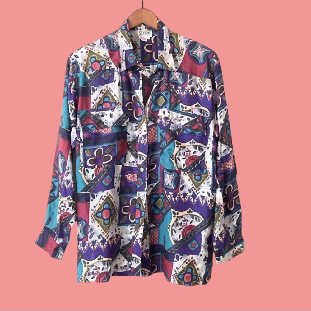 Vintage Silktime Floral Abstract Button Down Shirt Sz L